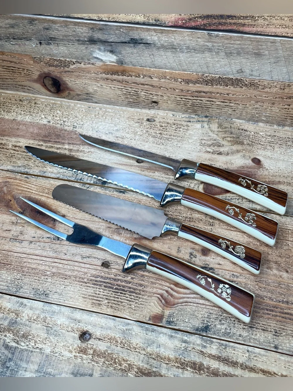VINTAGE Sheffield Fleur D'Or Stainless Steak Knives, Carving Set, Cake & Frozen